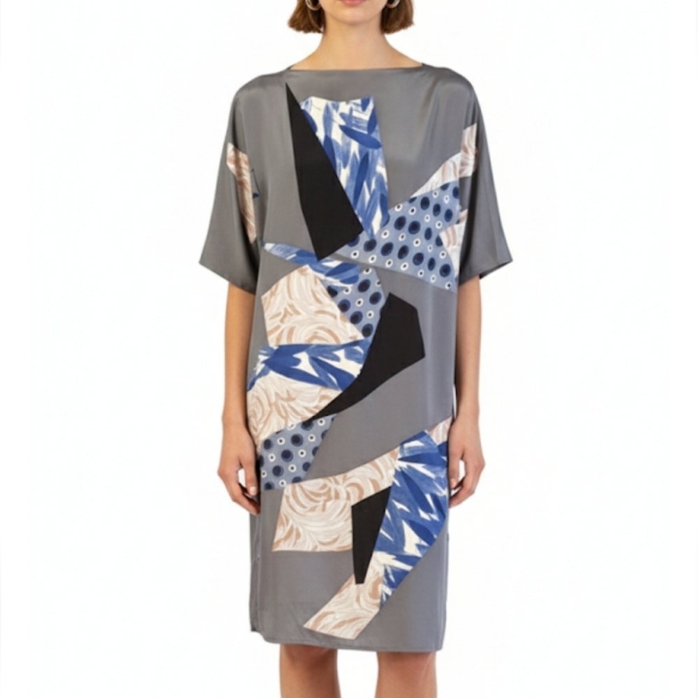 Rutzou Gray and Blue Silk  Sheath Artdeco  Dress with Dolman Sleeves